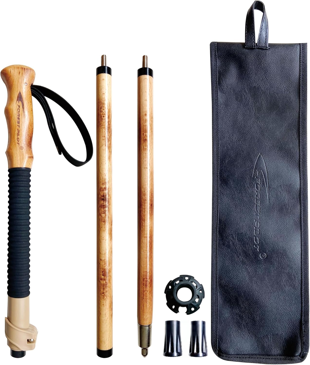 Trekking Poles- 1-pc Pack – Adjustable Hiking or Walking Stick –Strong, Natural Beech Wood – Quick Adjust Flip-Lock – Beech Wood Grip, Leather Strap