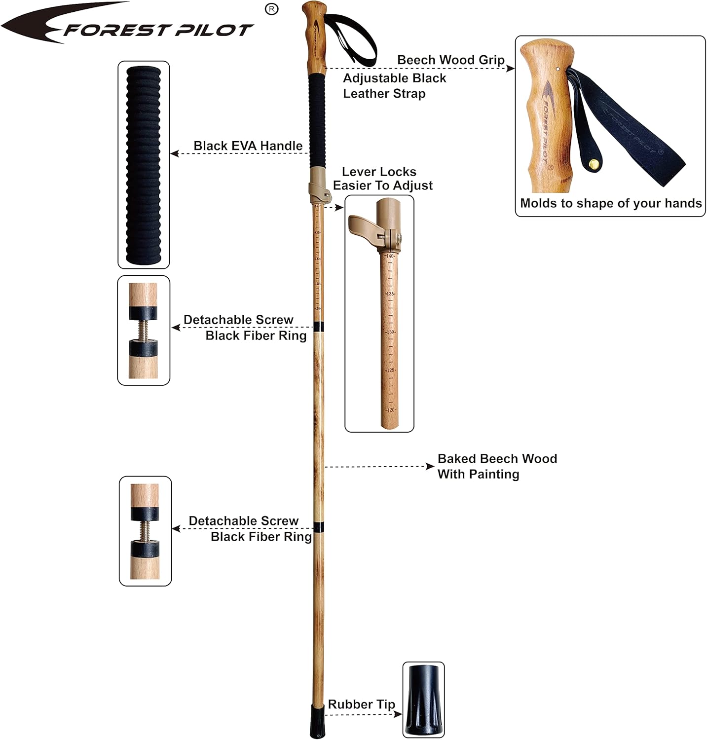 Trekking Poles- 1-pc Pack – Adjustable Hiking or Walking Stick –Strong, Natural Beech Wood – Quick Adjust Flip-Lock – Beech Wood Grip, Leather Strap