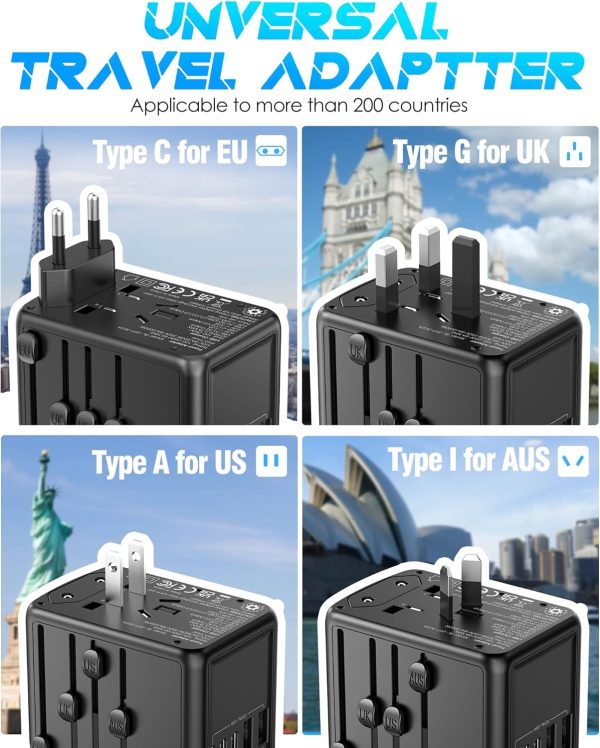 Universal Travel Adapter, 6.0A 30W International Power Adapter, 5 USB C/A Ports + AC Outlets for All USB Devices, Type I C G A Plugs 110V 220V A/C, European Travel Plug Adapter for 200+ Countries - Image 3